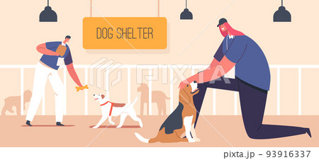 Responsibility and Helping to Animals Concept. Young Men Feeding Homeless Dogs in Shelter. Volunteers Care and Help Dogs 93916337