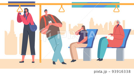 People in Bus with Large Windows, City Dwellers Men and Women Passengers in Public Transport. Characters in Transit 93916338