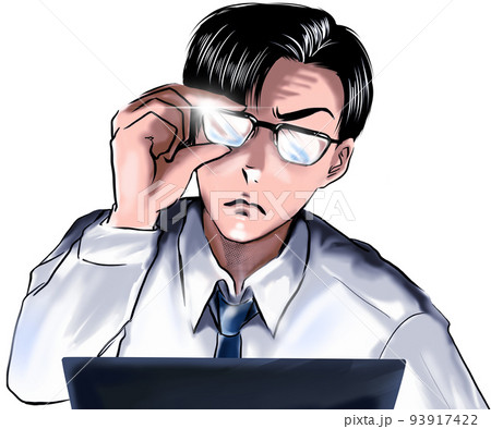 怪しみ目を光らせパソコンを見つめ監視するスーツネクタイ姿の黒髪メガネ会社員のカラー漫画イラスト 93917422