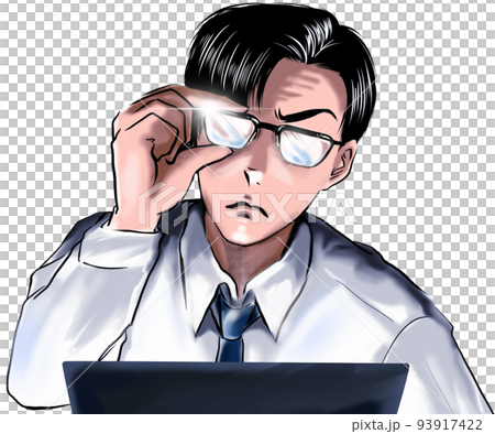 怪しみ目を光らせパソコンを見つめ監視するスーツネクタイ姿の黒髪メガネ会社員のカラー漫画イラスト 93917422