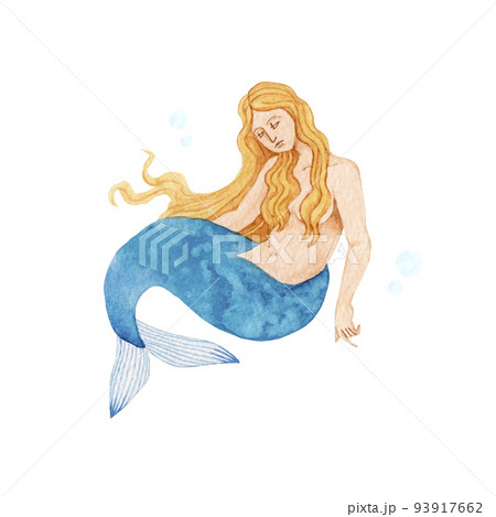 人魚 伝説の生物 神話生物 水彩 イラストのイラスト素材 [93917662
