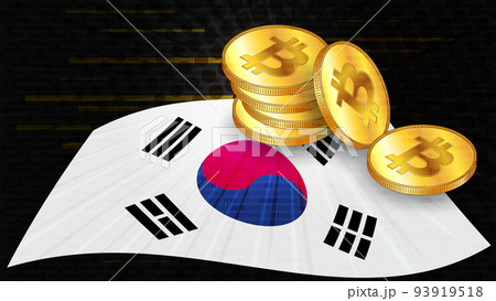 Stacks of gold coins of Bitcoin BTC on colored flag of South Korea on dark digital background. Central Bank of Republic of Korea adopts laws on digital assets CBDC. 93919518