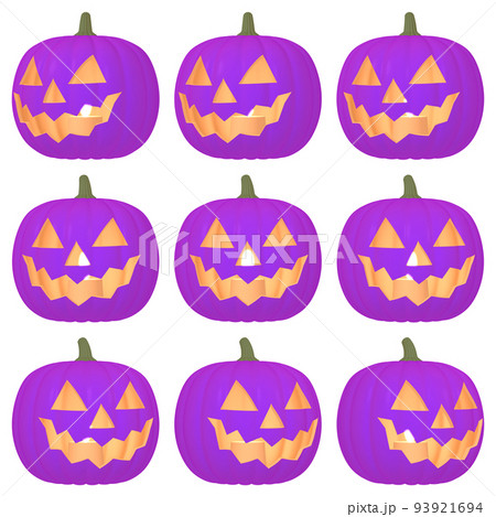 ハロウィンのイラスト素材 カボチャのお化け（C） 紫 発光 九点セット