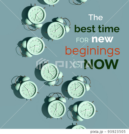 Motivational and inspirational quote with creative pattern made of alarm clocks on a blue background 93923505