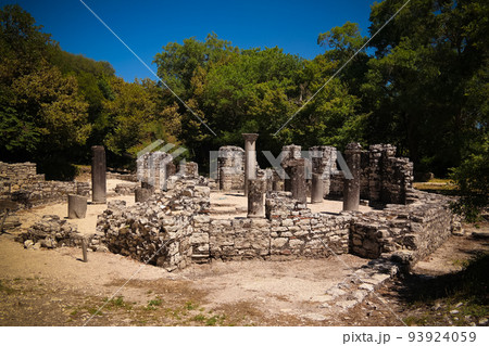 Panoramic view to Remains of the baptistery ruins of ancient town of Butrint , Sarande, Albania 93924059