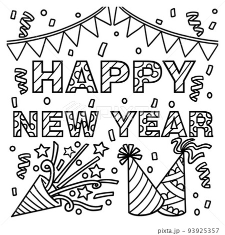 New Year Banner and Party Hat Coloring Page New Year Banner and Party Hat Coloring Page 93925357