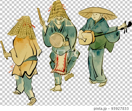 三個男人一邊打太鼓和三味線一邊跳舞 三個男人一邊打太鼓和三味線一邊跳舞 93927833