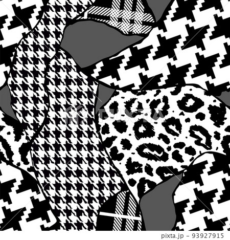 Black and whiye modern patchwork collage animal skin mixed with geometric pattern, tartan and border ornament in seamless vector design for fashion,fabric, wallpaper 93927915