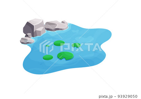 Lake with calm water, lily and stones in cartoon style isolated on white background. Outdoor natural pond. Isometric view Lake with calm water, lily and stones in cartoon style isolated on white background. Outdoor natural pond. Isometric view 93929050