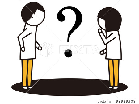 向かい合う男女とクエスチョンマーク_線画イラスト_黒と黄色 93929308