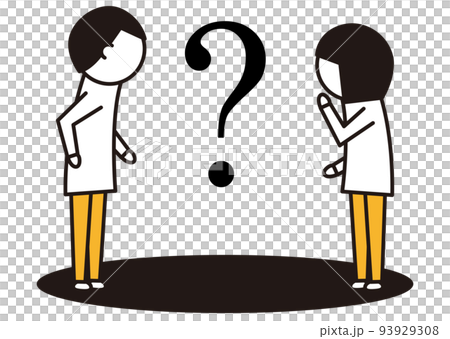 向かい合う男女とクエスチョンマーク_線画イラスト_黒と黄色 93929308