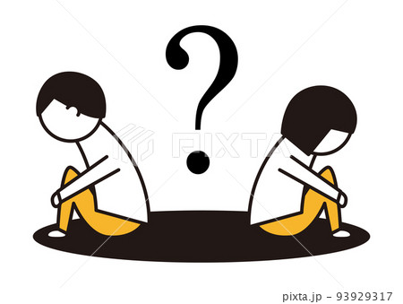 背中合わせに座る男女とクエスチョンマーク_線画イラスト_黒と黄色 93929317