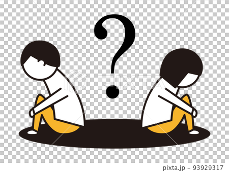 背中合わせに座る男女とクエスチョンマーク_線画イラスト_黒と黄色 93929317
