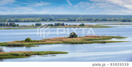 Dnipro river summer panoramic landscape, Kaniv water Reservoir, Kyiv Region, Ukraine. 93929339