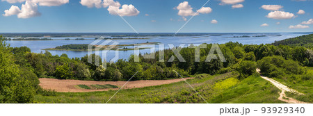 Dnipro river shores summer panoramic landscape, Kaniv water Reservoir, Kyiv Region, Ukraine. Dnipro river shores summer panoramic landscape, Kaniv water Reservoir, Kyiv Region, Ukraine. 93929340