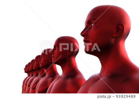 3d render. Row of red metallic bald male heads on white background.  93929489