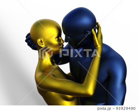 3D render portrait of golden woman and blue man hugging.  93929490