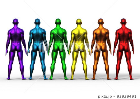 3D render. Row of naked multicolored men stand with their backs against a white background.  93929491