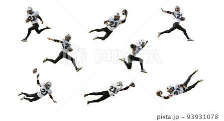 Portrait of american football player in motion, training, playing isolated over white background. Dynamics and motion. Collage Portrait of american football player in motion, training, playing isolated over white background. Dynamics and motion. Collage 93931078