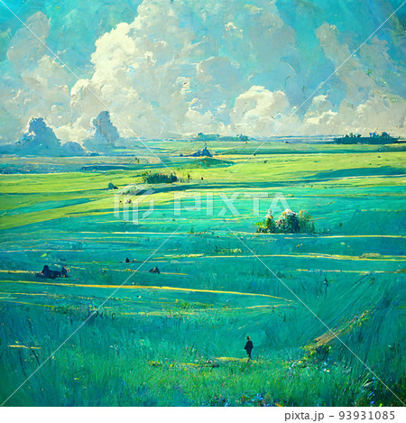 Rural landscape with green agriculture fields, path and bushes with flowers. Rural landscape with green agriculture fields, path and bushes with flowers. 93931085