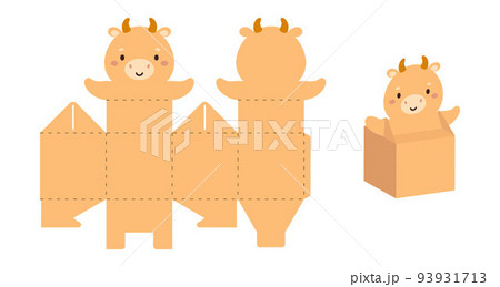 Simple packaging favor box cow design for sweets, candies, small presents. Party package template for any purposes, birthday, baby shower. Print, cut out, fold, glue. Vector stock illustration 93931713