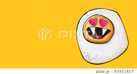 Vector cartoon fried egg character isolated on orange background. Cute fried egg for good morning concept illustration. Funky cartoon egg character for printing on tee, menu and food poster 93931857