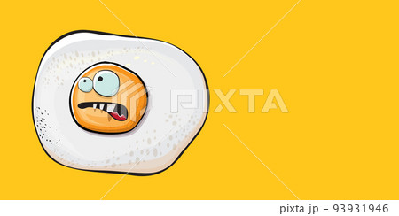 Vector cartoon fried egg character isolated on orange background. Cute fried egg for good morning concept illustration. Funky cartoon egg character for printing on tee, menu and food poster Vector cartoon fried egg character isolated on orange background. Cute fried egg for good morning concept illustration. Funky cartoon egg character for printing on tee, menu and food poster 93931946