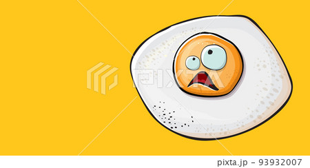 Vector cartoon fried egg character isolated on orange background. Cute fried egg for good morning concept illustration. Funky cartoon egg character for printing on tee, menu and food poster Vector cartoon fried egg character isolated on orange background. Cute fried egg for good morning concept illustration. Funky cartoon egg character for printing on tee, menu and food poster 93932007