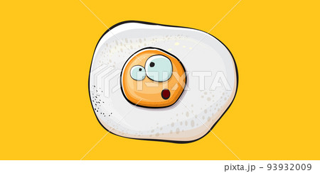 Vector cartoon fried egg character isolated on orange background. Cute fried egg for good morning concept illustration. Funky cartoon egg character for printing on tee, menu and food poster 93932009