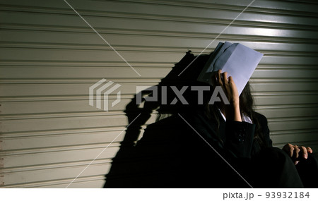 Woman depressed from sad stress pain despair problem, person get unpaid bill debt alone with emotion lonely desperate upset head down. Head in hand no way out concept, copy space 93932184