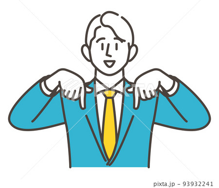 何かを紹介するため下向きに指さす若い男性ビジネスパーソン【ベクターイラスト素材】 何かを紹介するため下向きに指さす若い男性ビジネスパーソン【ベクターイラスト素材】 93932241
