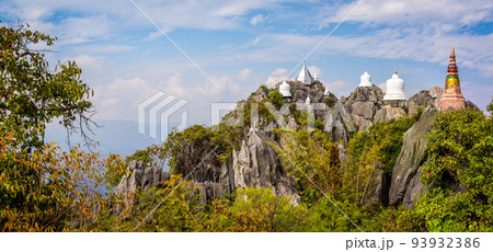 Aerial view of Wat Chaloem Phra Kiat Phrachomklao Rachanusorn, sky pagodas on top of mountain in Aerial view of Wat Chaloem Phra Kiat Phrachomklao Rachanusorn, sky pagodas on top of mountain in 93932386