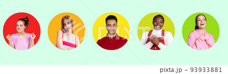 Female psychology through the eyes of men. Set of round icons with young female faces expressing emotions isolated on colored background. Female psychology through the eyes of men. Set of round icons with young female faces expressing emotions isolated on colored background. 93933881