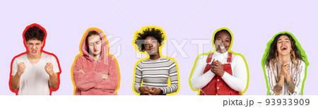 Group of young man and women expressing different emotions with gesturing and facial expressions. Personality psychology, mood. Magazine style Group of young man and women expressing different emotions with gesturing and facial expressions. Personality psychology, mood. Magazine style 93933909