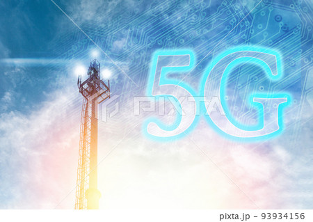 Telecommunications antenna against a clear blue sky with the image of a chip and 5G. The concept of communication, technologies and telecommunications 93934156