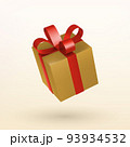 Christmas golden gift box with red ribbon bow. 3D Xmas realistic vector object. 93934532