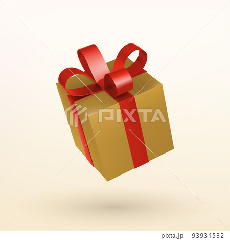 Christmas golden gift box with red ribbon bow. 3D Xmas realistic vector object. 93934532