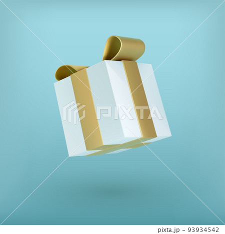 Christmas white gift box with gold ribbon bow. 3D Xmas realistic vector object. Christmas white gift box with gold ribbon bow. 3D Xmas realistic vector object. 93934542