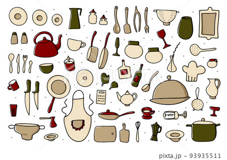 Doodle tableware set. Cartoon color kitchen dishes 93935511