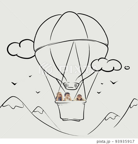 Cheerful, playful children, boy and girls having dream to fly on air balloon. Dreaming doodles, drawings 93935917