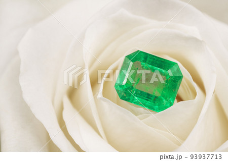 Emerald Gemstone on White Rose Petals 93937713