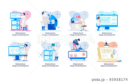 Medical device design and development banner with scientist develop equipment and experiment metaphor 93938174