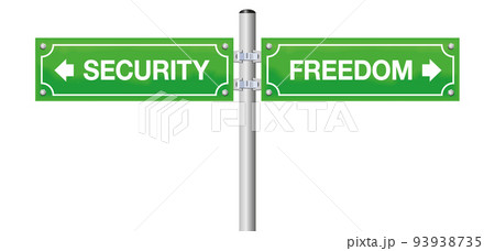 SECURITY and FREEDOM, written on two signposts, as comparison for the desire for being safe or free. Isolated vector illustration on white background. SECURITY and FREEDOM, written on two signposts, as comparison for the desire for being safe or free. Isolated vector illustration on white background. 93938735