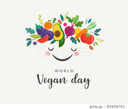 World Vegan Day, Concept Design. Cute character with vegetables crown, fruits, leaves and nuts. For 93939791