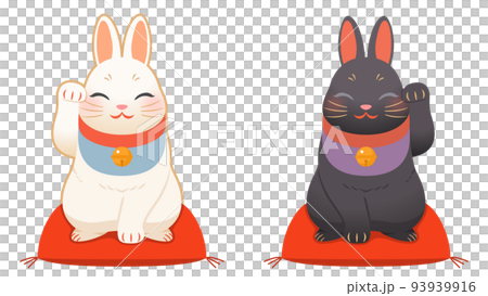 白と黒の招きうさぎ　笑顔 93939916