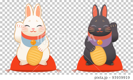 小判を持つ白と黒のうさぎの招き猫　笑顔 93939919