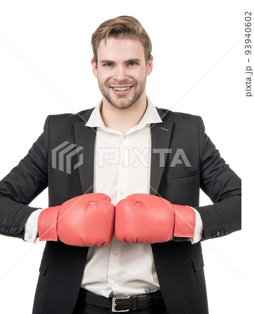 Keep fighting the good fight. Happy businessman hold boxing gloves together. Man boxer in suit Keep fighting the good fight. Happy businessman hold boxing gloves together. Man boxer in suit 93940602