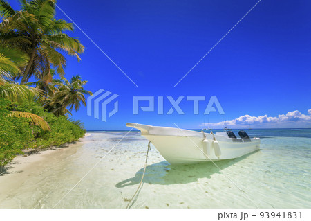 Tropical caribbean beach with palm trees and anchored boat, Punta Cana Tropical caribbean beach with palm trees and anchored boat, Punta Cana 93941831