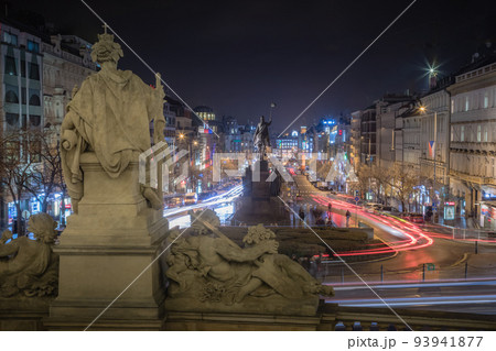 Wenceslas Square at night with blurred traffic movement, Prague, Czech Republic 93941877