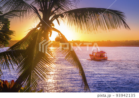 Idyllic Porto Seguro Beach at sunset with palm trees in Trancoso, BAHIA 93942135